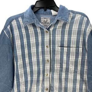 Vintage Y2K Andrews Blues L Blue Plaid Button Up Long Sleeve Barn Chore Grunge
